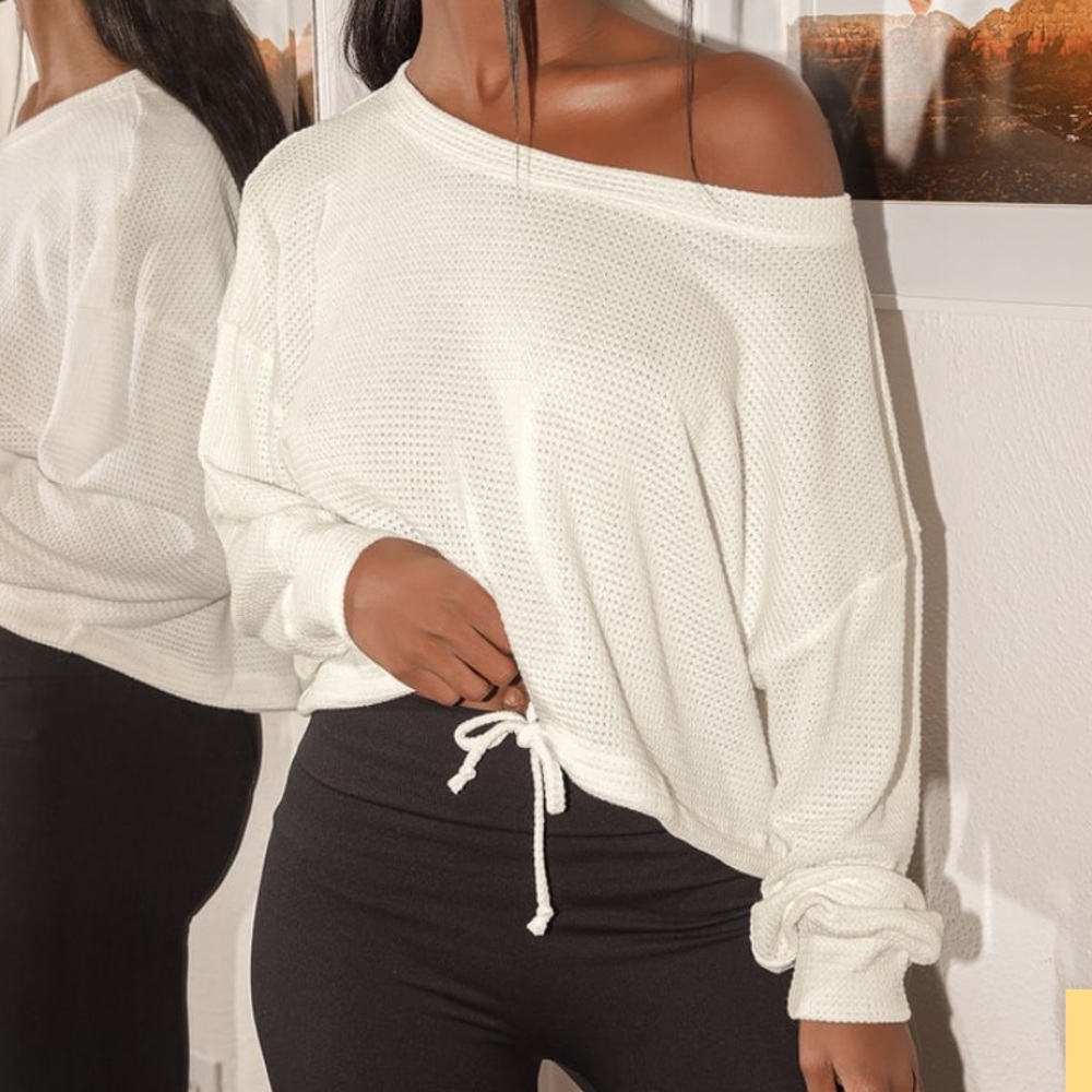 White Waffle Knit Long Sleeve Top